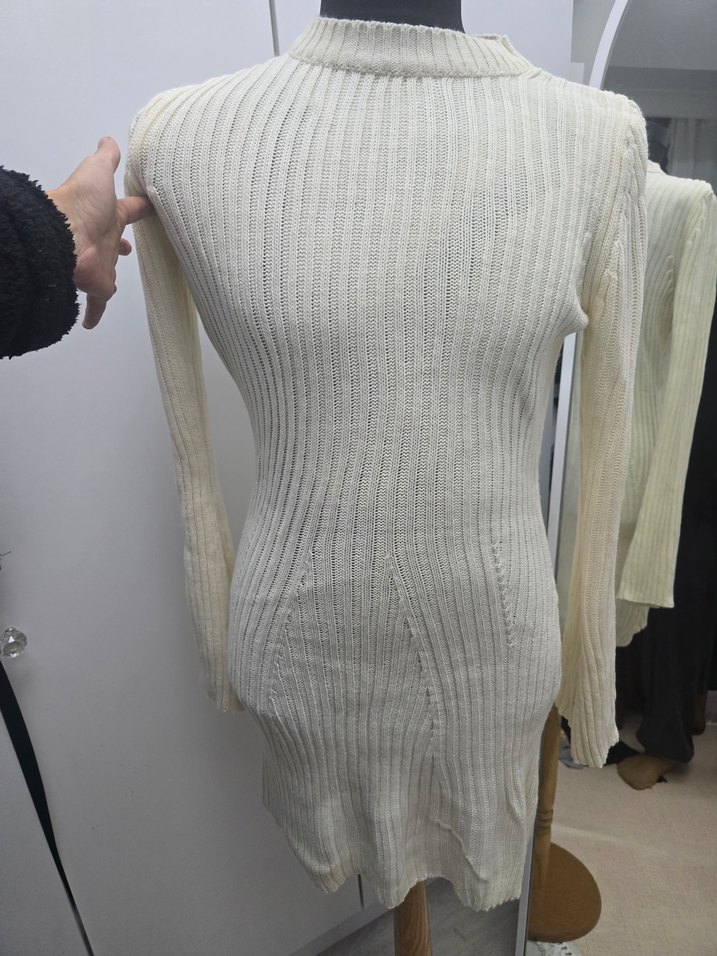 Beyaz Boğazlı Triko Kadın Elbise - Görsel 2