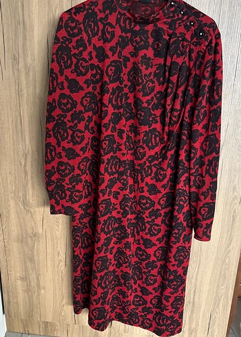Kırmızı Desenli Uzun Kollu Vintage Elbise - Görsel 2