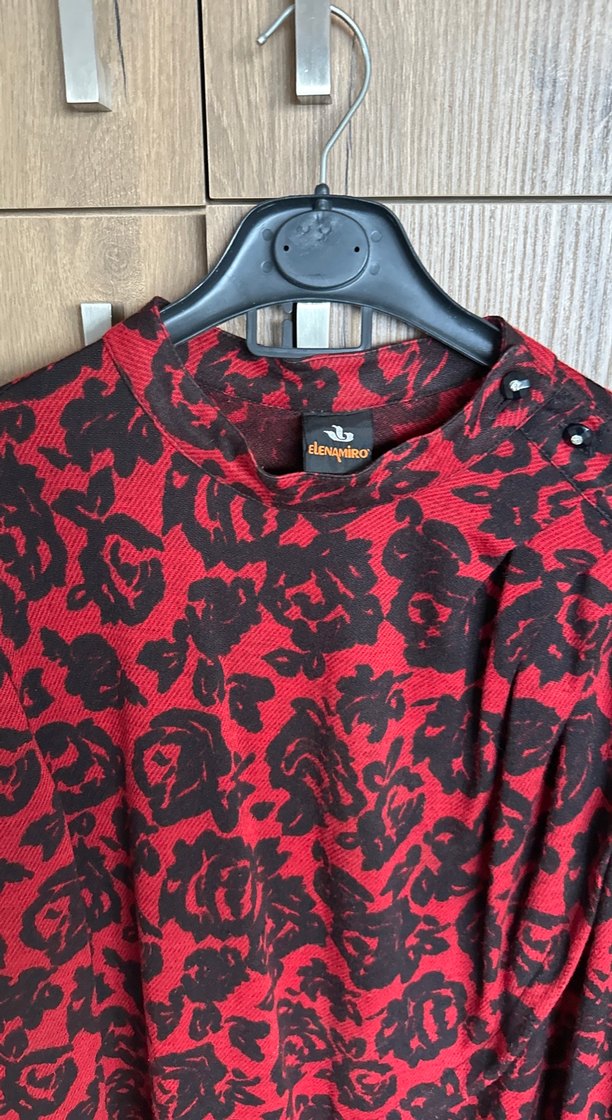 Kırmızı Desenli Uzun Kollu Vintage Elbise - Görsel 4