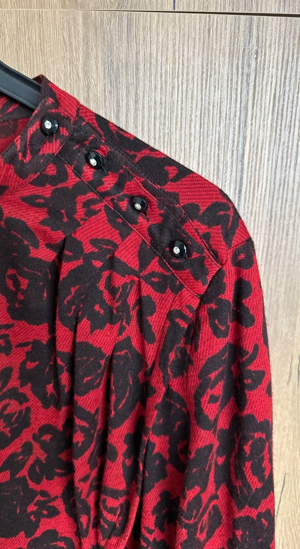 Kırmızı Desenli Uzun Kollu Vintage Elbise - Görsel 3