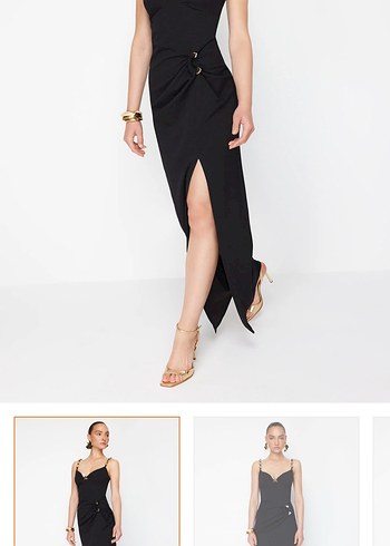 Siyah Drapeli Uzun Askılı Elbise - Görsel 3