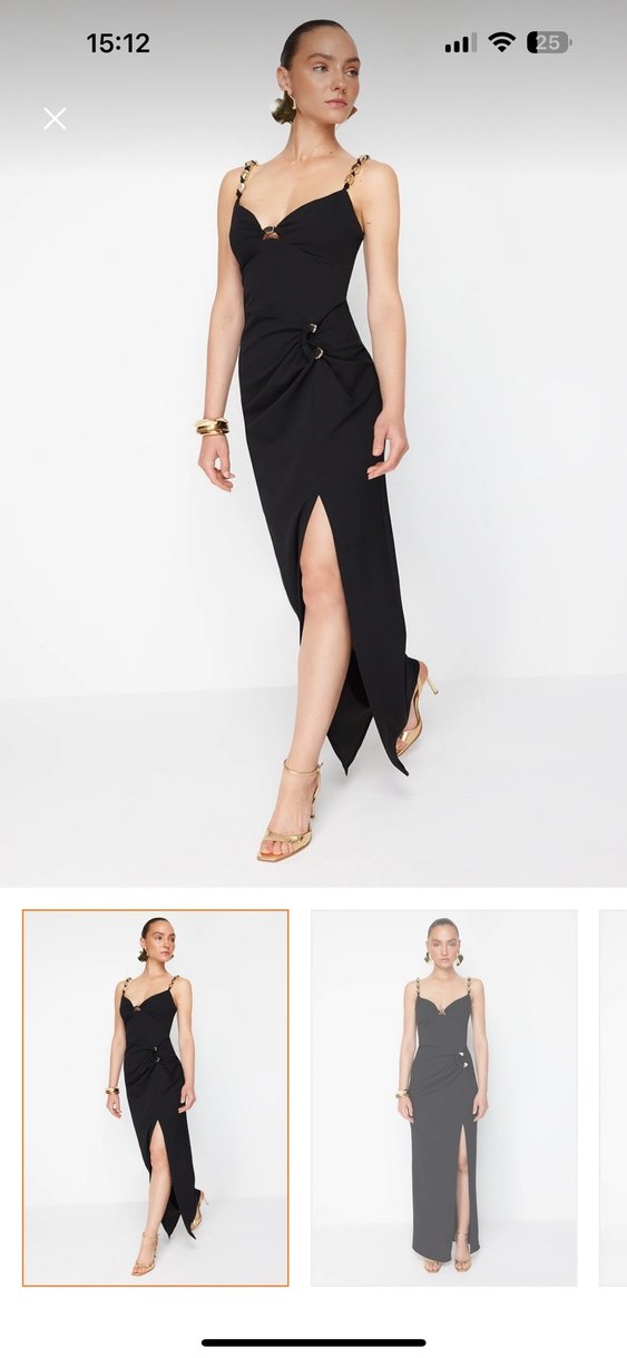 Siyah Drapeli Uzun Askılı Elbise - Görsel 3