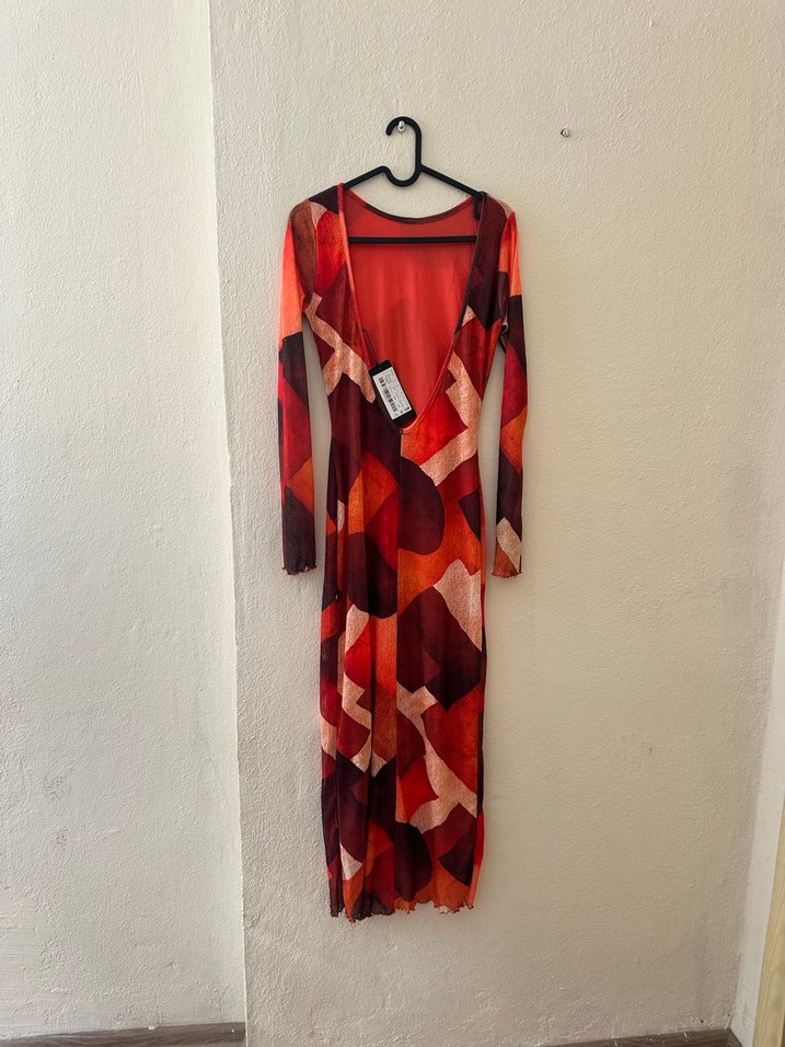 Kadın Koyu Kırmızı Uzun Tie-Dye Elbise - Görsel 2