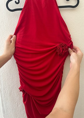 Kırmızı Drapeli Mini Straplez Elbise - Görsel 2