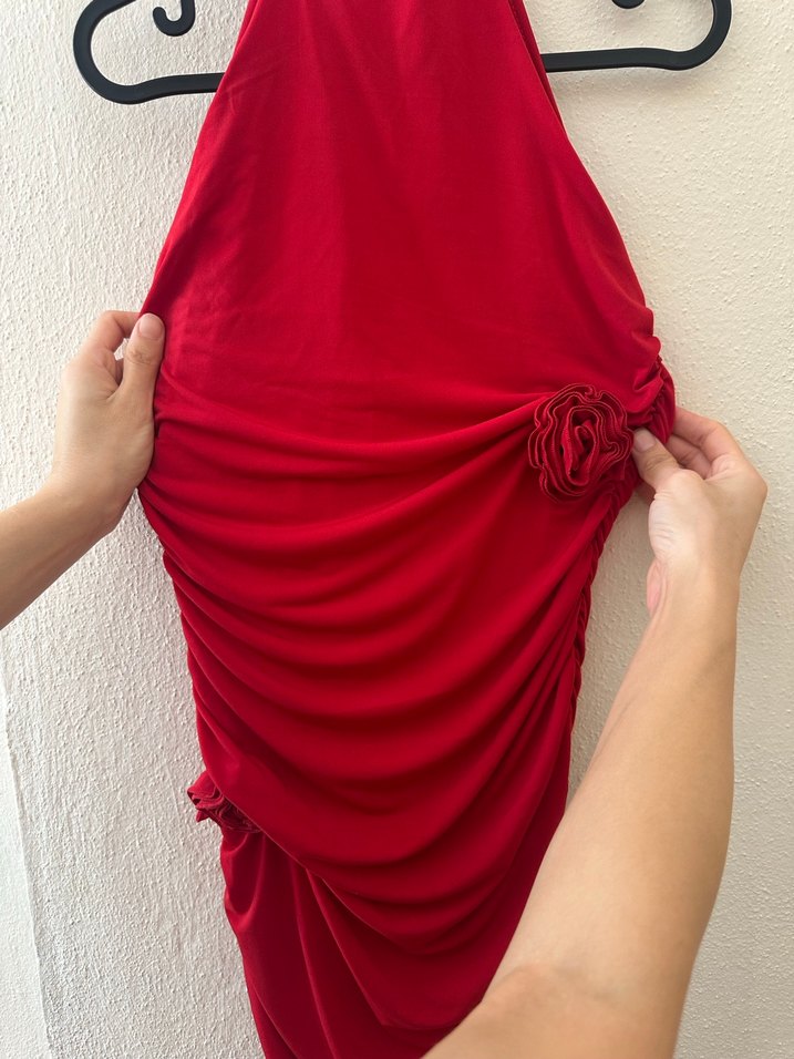 Kırmızı Drapeli Mini Straplez Elbise - Görsel 2