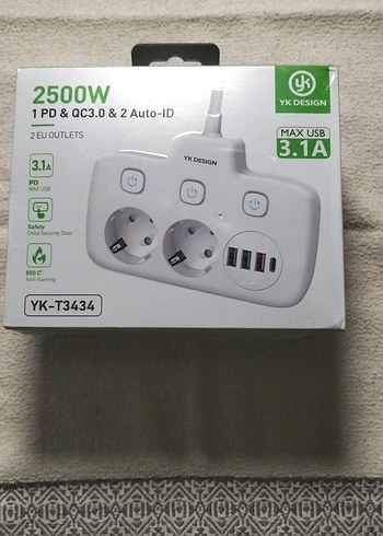 akım korumalı YK Design 2500W Çoklu USB Şarjlı Priz - Görsel 2