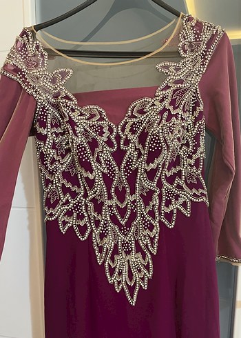 40 beden fuşya Uzun Kollu İşlemeli Abiye Elbise - Görsel 3