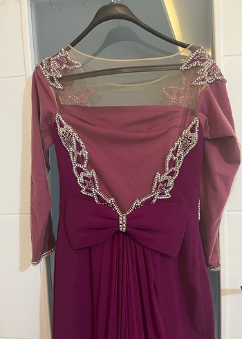 40 beden fuşya Uzun Kollu İşlemeli Abiye Elbise - Görsel 5