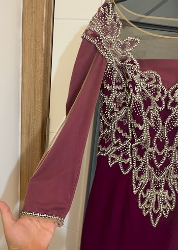 40 beden fuşya Uzun Kollu İşlemeli Abiye Elbise - Görsel 2