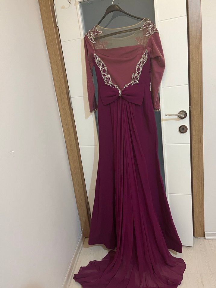 40 beden fuşya Uzun Kollu İşlemeli Abiye Elbise - Görsel 4