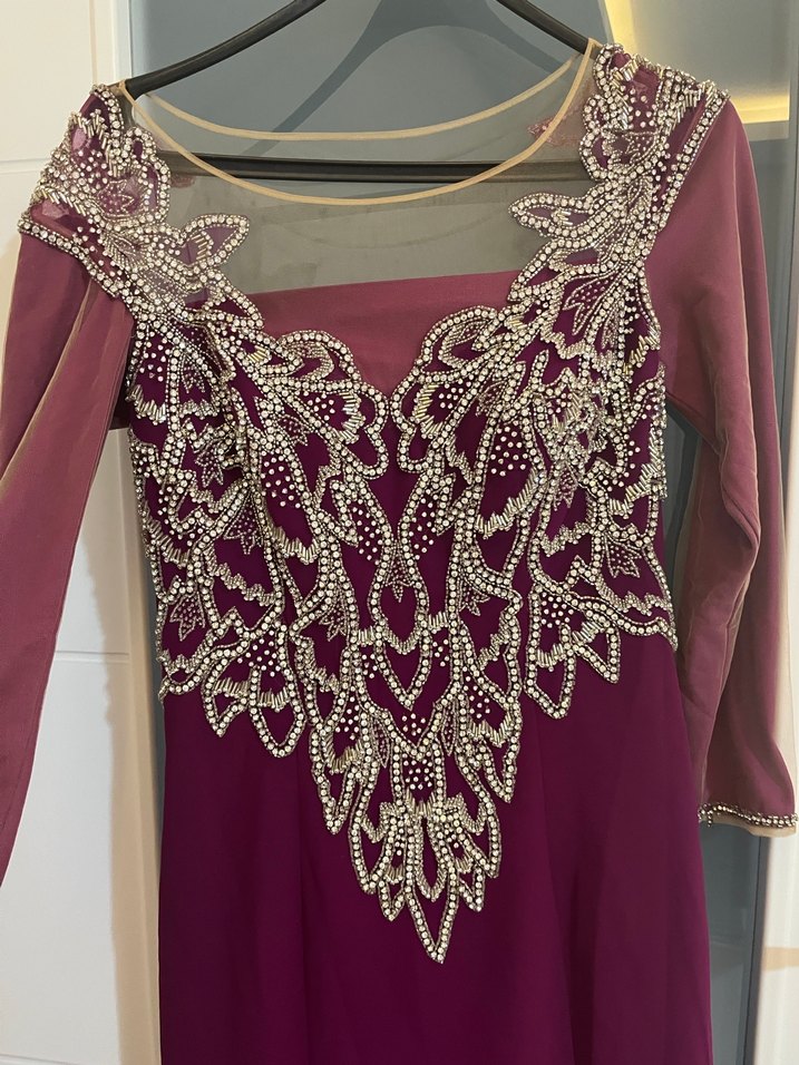 40 beden fuşya Uzun Kollu İşlemeli Abiye Elbise - Görsel 3