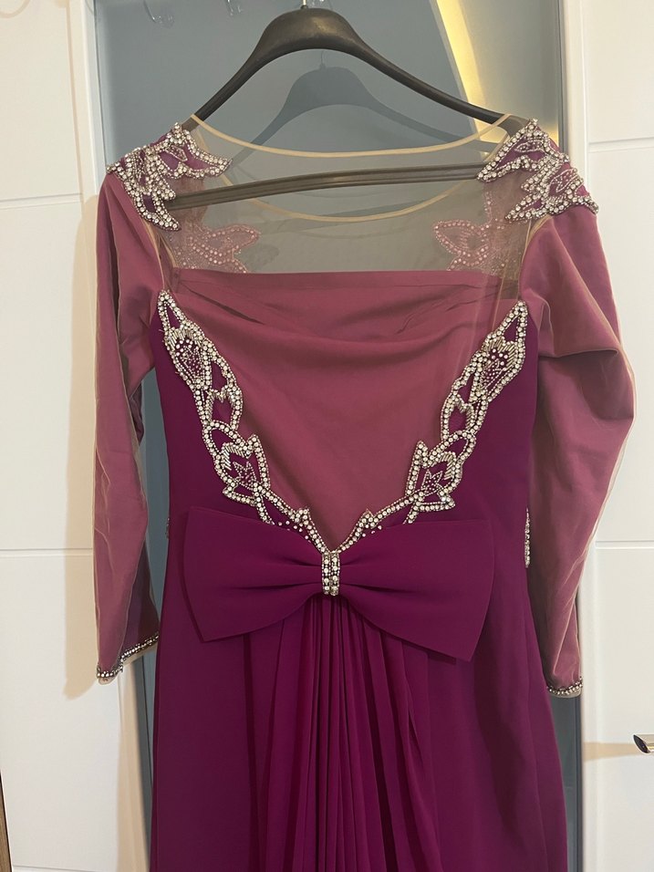 40 beden fuşya Uzun Kollu İşlemeli Abiye Elbise - Görsel 5