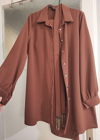 Zara Zincir Detaylı Kahverengi Kadın Uzun Ceket