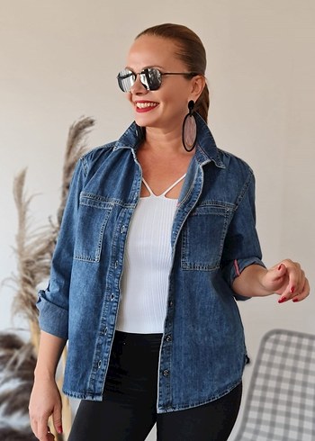 Kadın Gri Mavi Batik Desenli Denim Ceket - Görsel 2