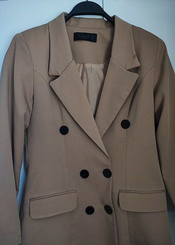 l Beden camel Renk Kadın Bej Düğmeli Midi Blazer Ceket
