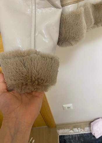 Bej Kürklü Deri Kadın Ceket - Görsel 7