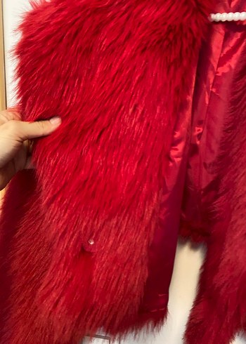 Koyu Kırmızı Kürk Detaylı Midi Kadın Ceket - Görsel 2