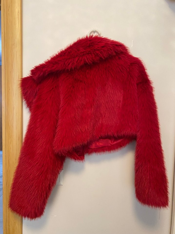 Koyu Kırmızı Kürk Detaylı Midi Kadın Ceket - Görsel 4
