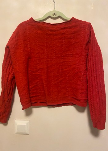 Kırmızı V Yakalı Örgü Kadın Hırka - Görsel 5