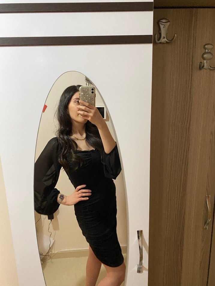 Şeffaf Detaylı Siyah Uzun Kollu Midi Elbise - Görsel 3