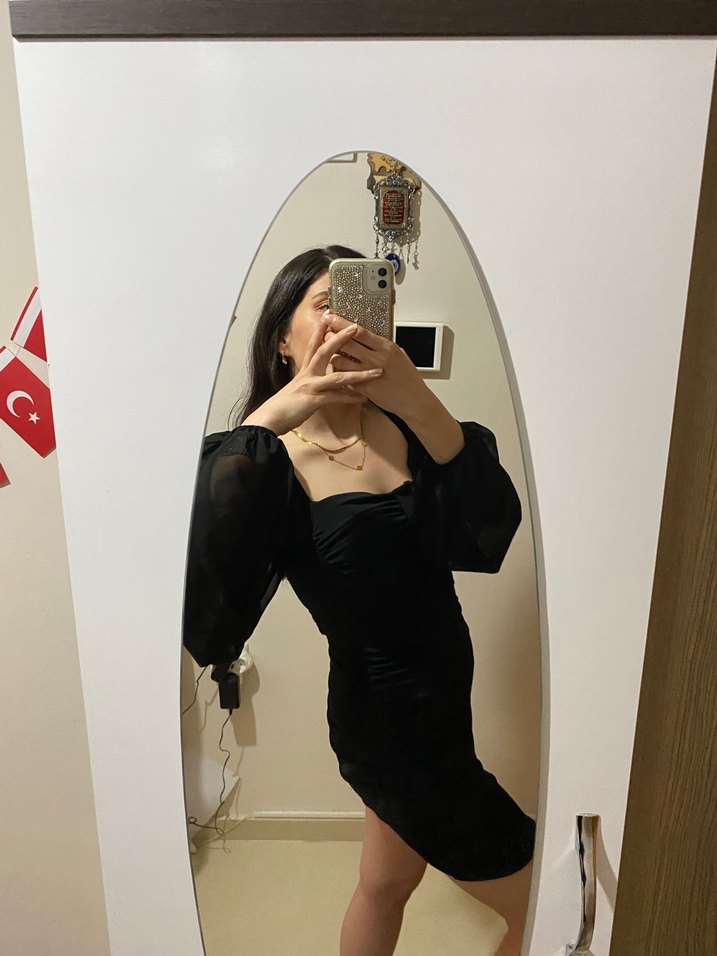 Şeffaf Detaylı Siyah Uzun Kollu Midi Elbise - Görsel 2