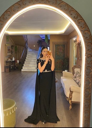 Siyah V Yaka Uzun Drapeli Kadın Abiye Elbise - Görsel 2