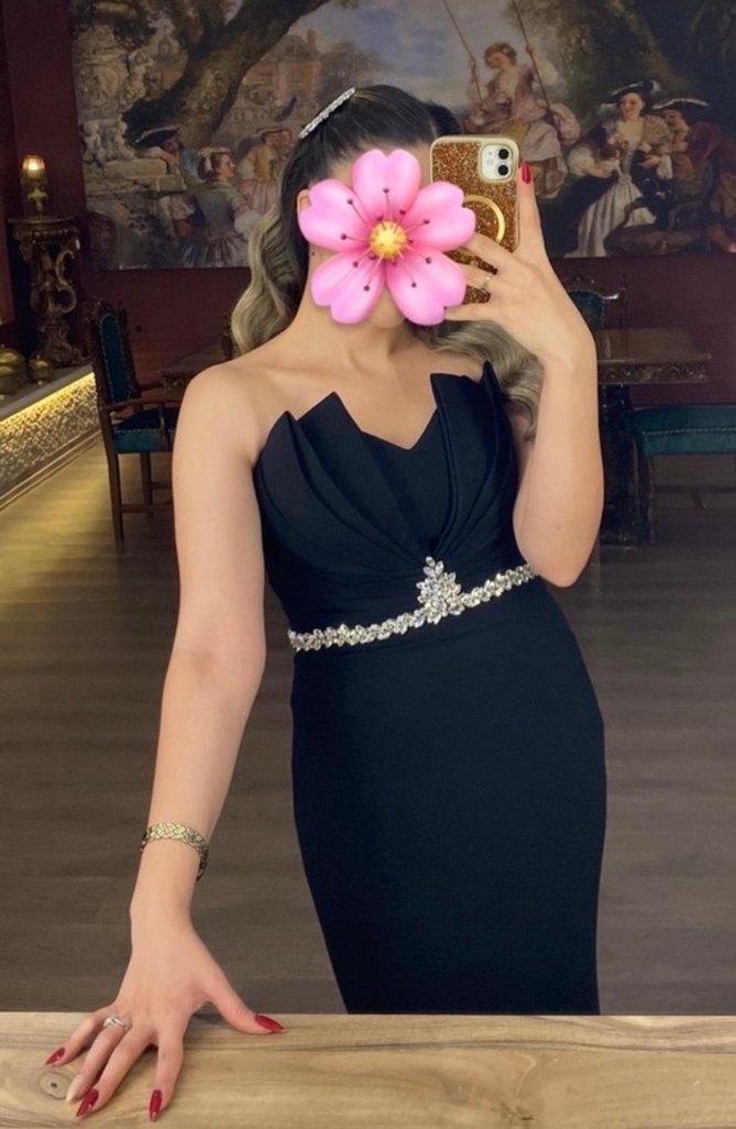 Siyah V Yaka Uzun Drapeli Kadın Abiye Elbise - Görsel 3