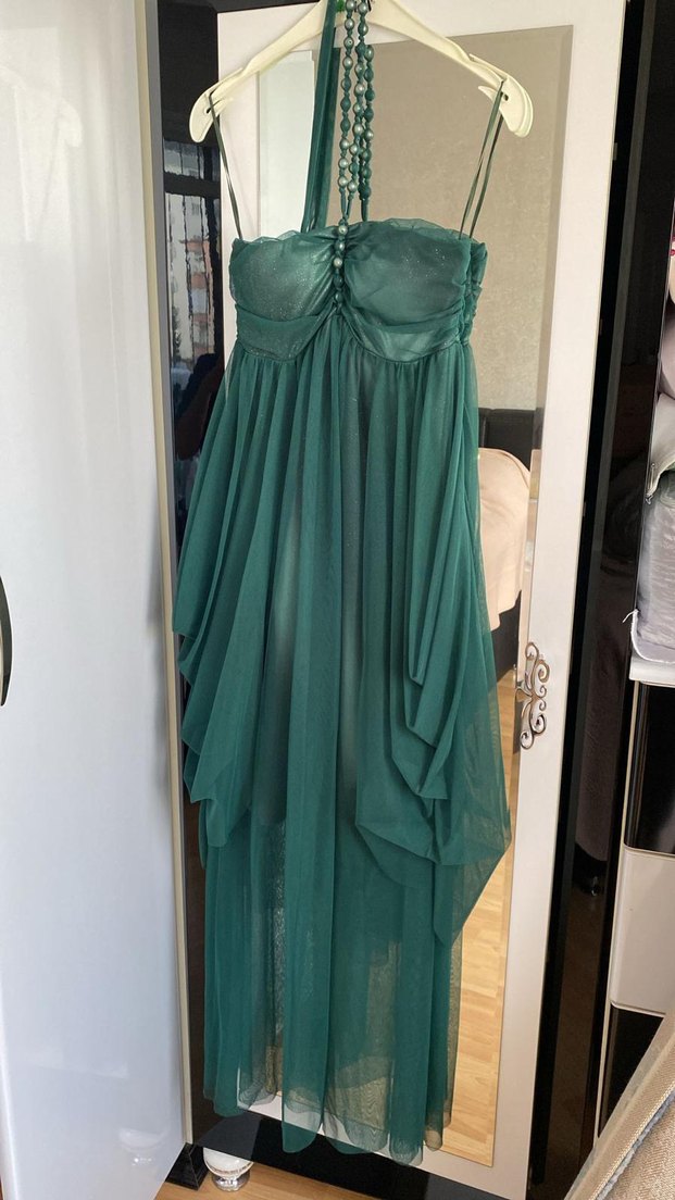 Uzun Yeşil Straplez  Abiye Elbise - Görsel 2