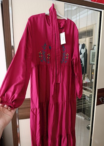 44 Beden pembe Renk Pembe Nakışlı Uzun Bohem Elbise