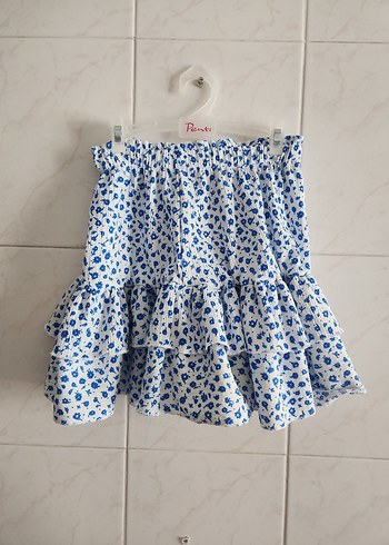 Mavi Çiçek Desenli Fırfırlı Mini Etek - Görsel 2