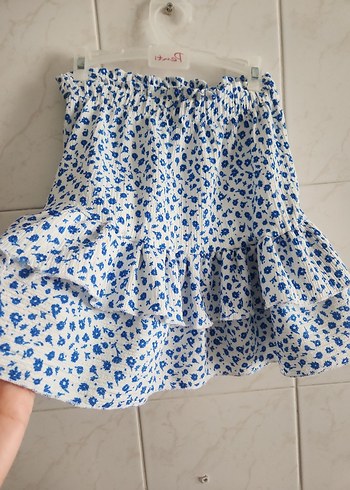 Mavi Çiçek Desenli Fırfırlı Mini Etek - Görsel 5