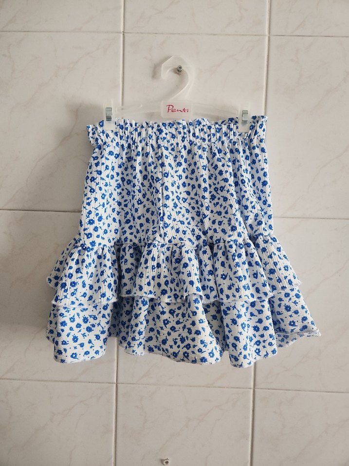 Mavi Çiçek Desenli Fırfırlı Mini Etek - Görsel 2