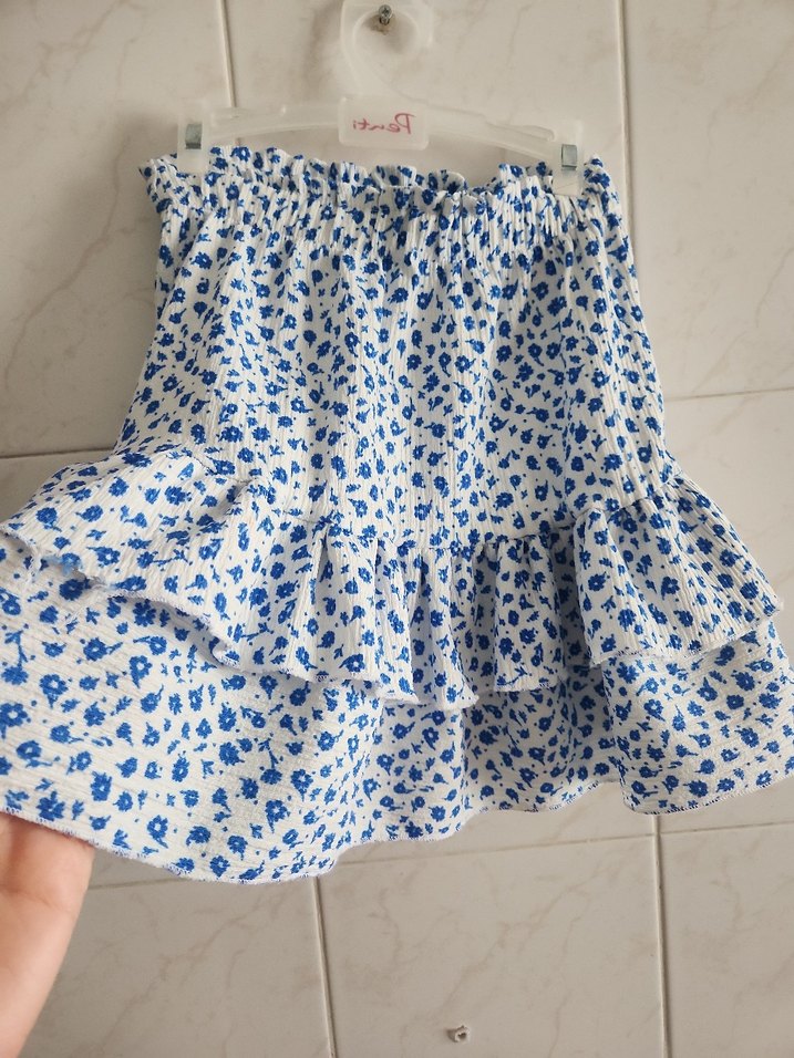 Mavi Çiçek Desenli Fırfırlı Mini Etek - Görsel 5