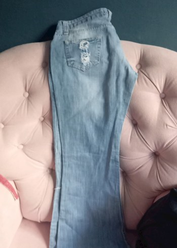 32 Beden mavi Renk Kadın Mavi Yırtık Detaylı Bol Kesim Denim Pantolon