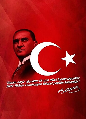 Tasarımcı Kırmızı Bayraklı ve Naciz Vücudum Yazılı Atatürk Kanvas Tablo 