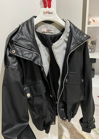 Siyah Deri Kadın Ceket, Fermuarlı, Rahat Kesim - Görsel 2