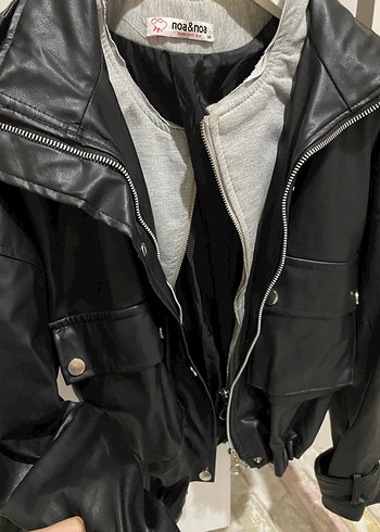 Siyah Deri Kadın Ceket, Fermuarlı, Rahat Kesim - Görsel 3