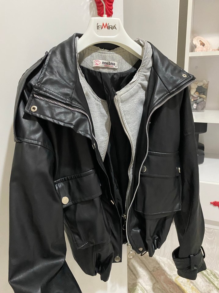 Siyah Deri Kadın Ceket, Fermuarlı, Rahat Kesim - Görsel 2