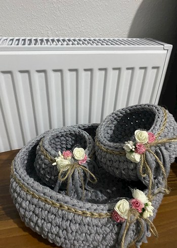 Gri Örgü Sepet Seti Çiçek Detaylı - Görsel 2