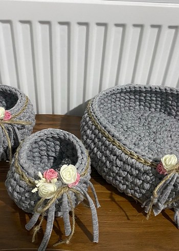 Gri Örgü Sepet Seti Çiçek Detaylı - Görsel 4