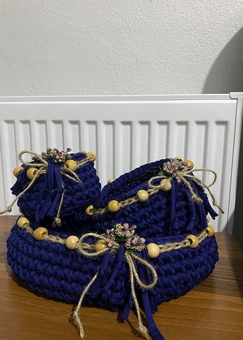 Mavi Örgü Sepet ve Saklama Çantası Seti - Görsel 4