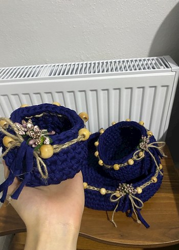 Mavi Örgü Sepet ve Saklama Çantası Seti - Görsel 2