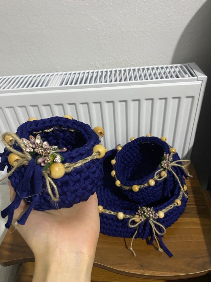 Mavi Örgü Sepet ve Saklama Çantası Seti - Görsel 2