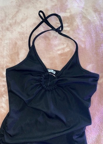 Siyah Drapeli İnce Askılı Midi Elbise - Görsel 2