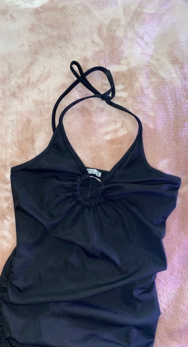 Siyah Drapeli İnce Askılı Midi Elbise - Görsel 2