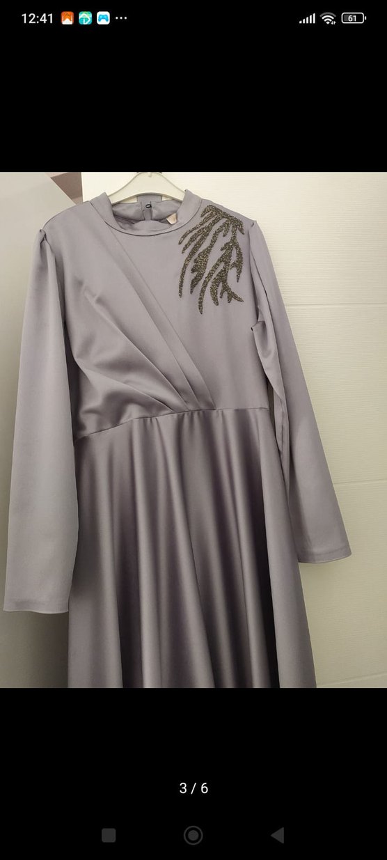 Gri Bağlama Desenli Uzun Kollu Kadın Abiye Elbise - Görsel 4