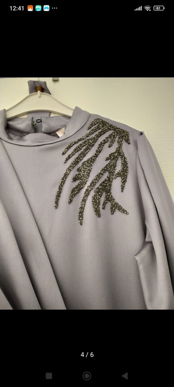 Gri Bağlama Desenli Uzun Kollu Kadın Abiye Elbise - Görsel 3