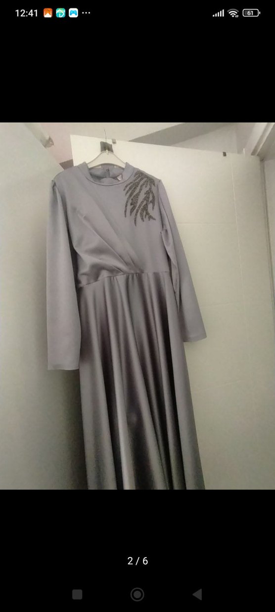 Gri Bağlama Desenli Uzun Kollu Kadın Abiye Elbise - Görsel 2