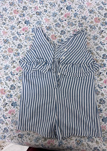 Mavi Gri Çizgili Fırfırlı Bebek Kız Tulum - Görsel 2