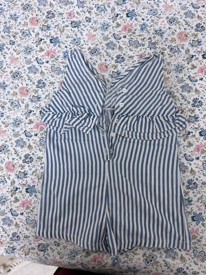 Mavi Gri Çizgili Fırfırlı Bebek Kız Tulum - Görsel 2